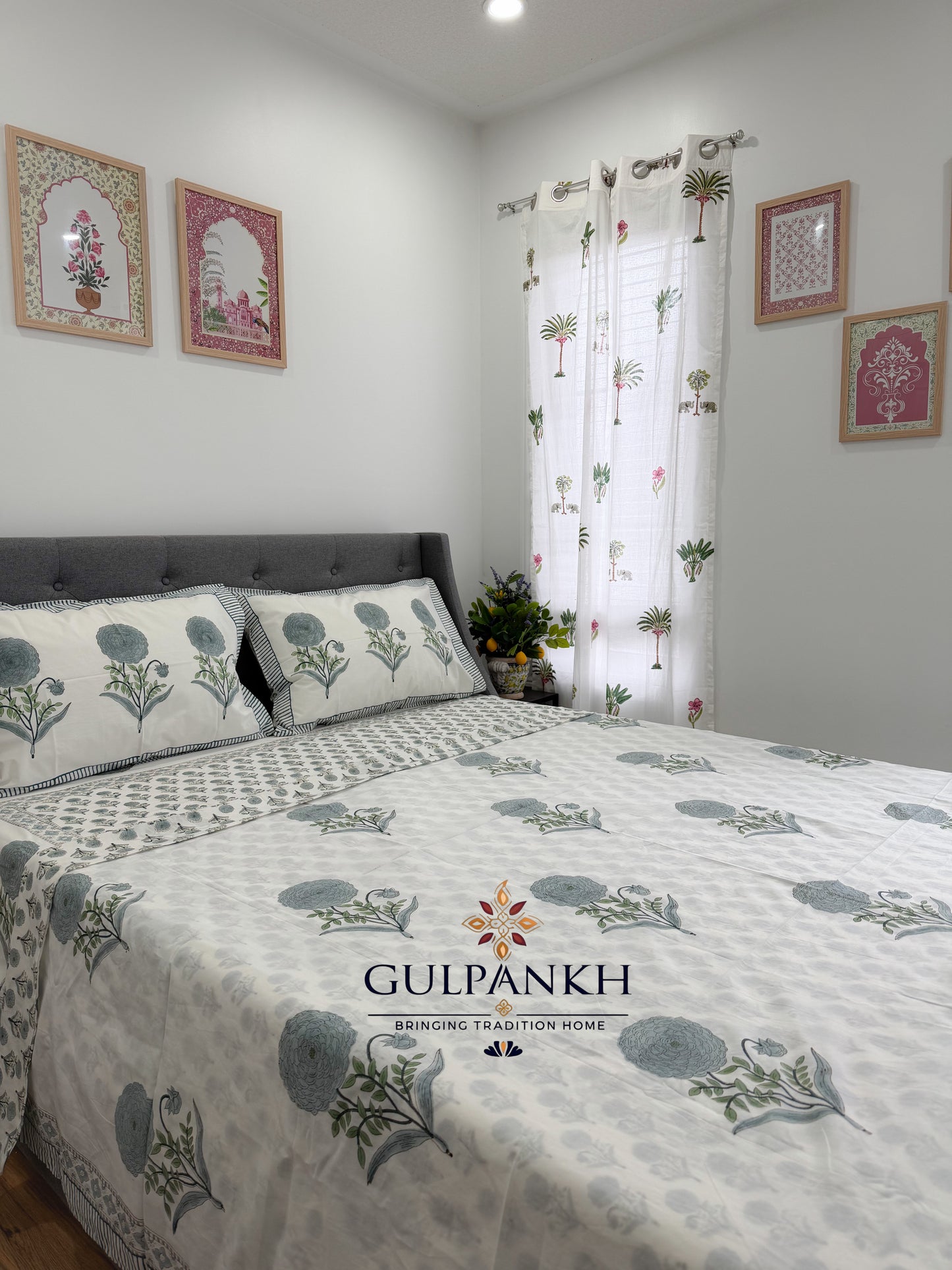 Sage Blossom Garden Hand Block Printed Cotton Bedsheet with Matching Duvet Cover | Gulpankh Canada