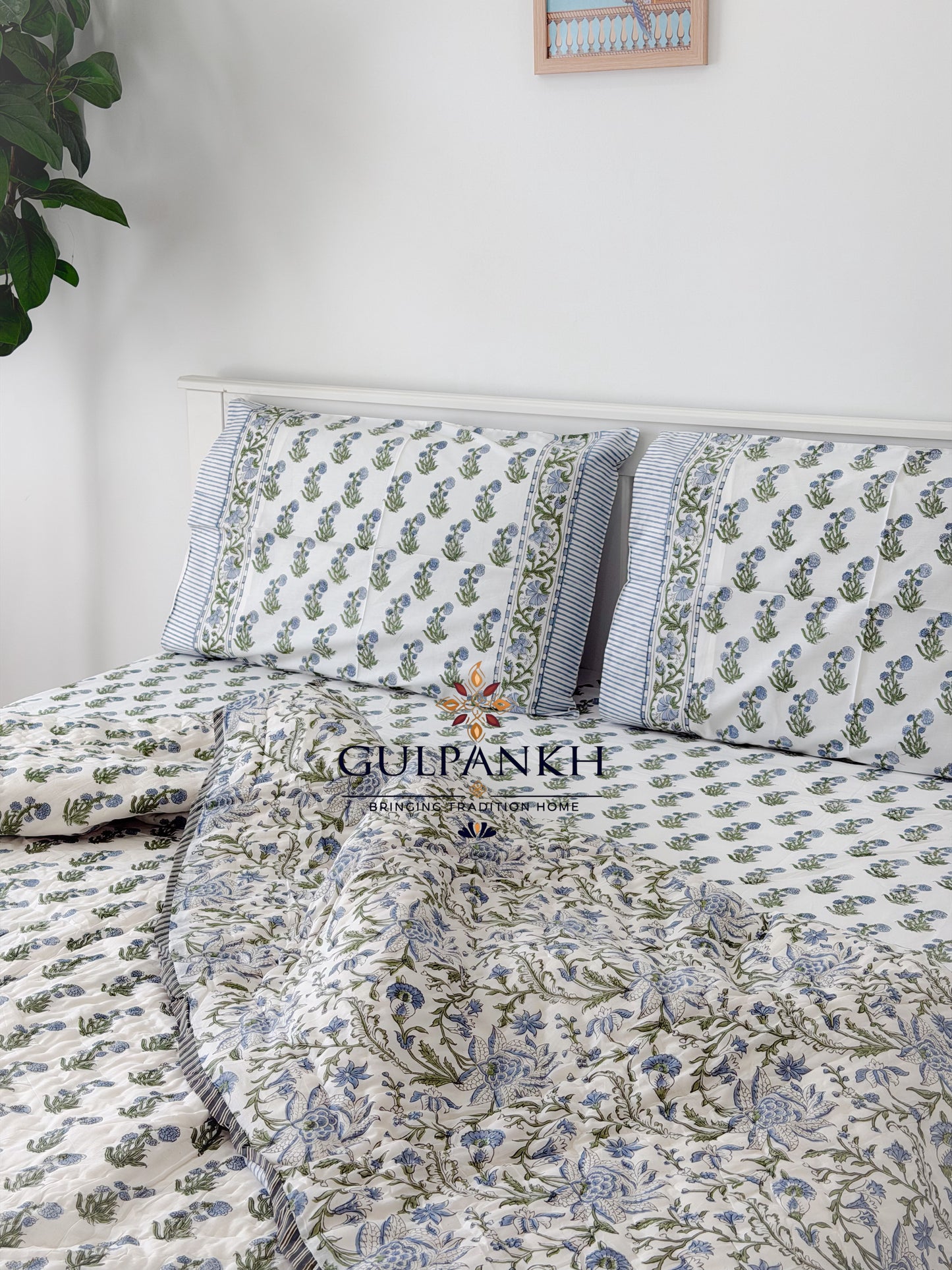 Hand Block Printed Cotton Bedding Set with Quilt - Indigo Meadow Luxe | Gulpankh Canada