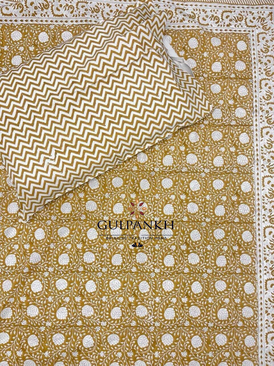 Mustard Meadow Hand Block Printed Fitted Bedsheet | Gulpankh Canada