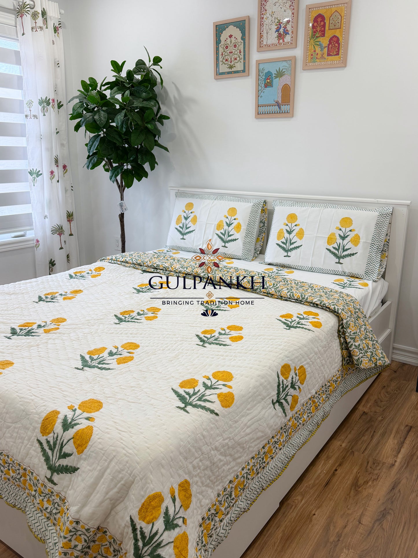 Hand Block Printed Cotton Bedding Queen Set with Quilt - Marigold Bloom | Gulpankh Canada