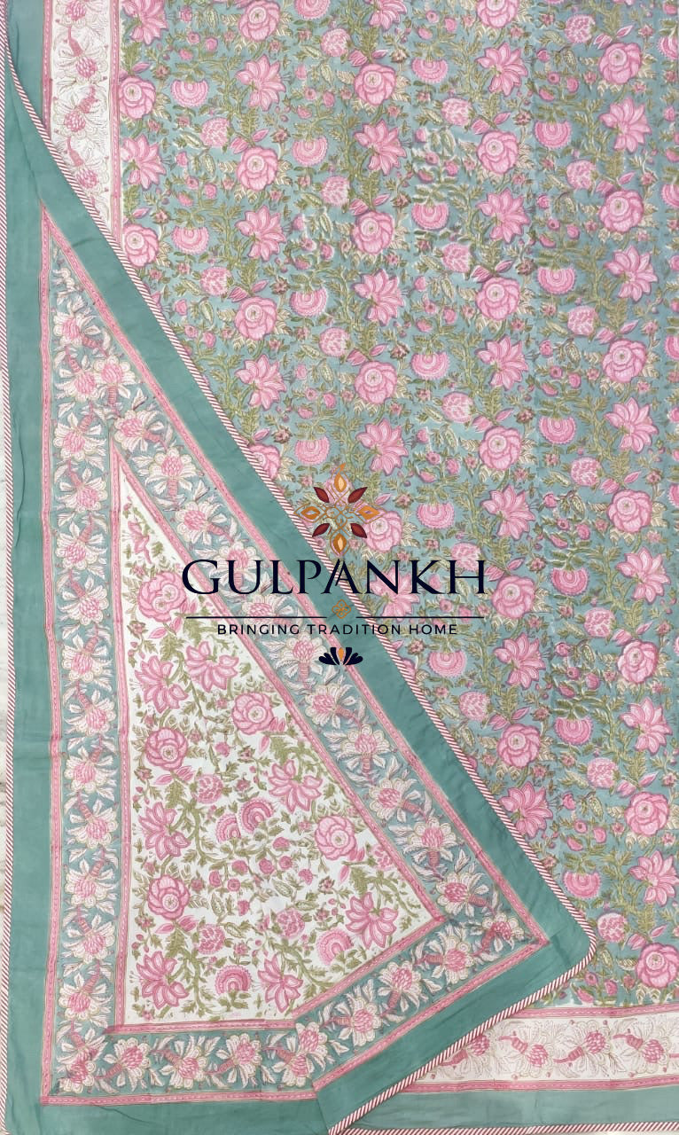 Hand Block Printed Mulmul Cotton Dohar - Rosé Meadow Mist | Gulpankh Canada