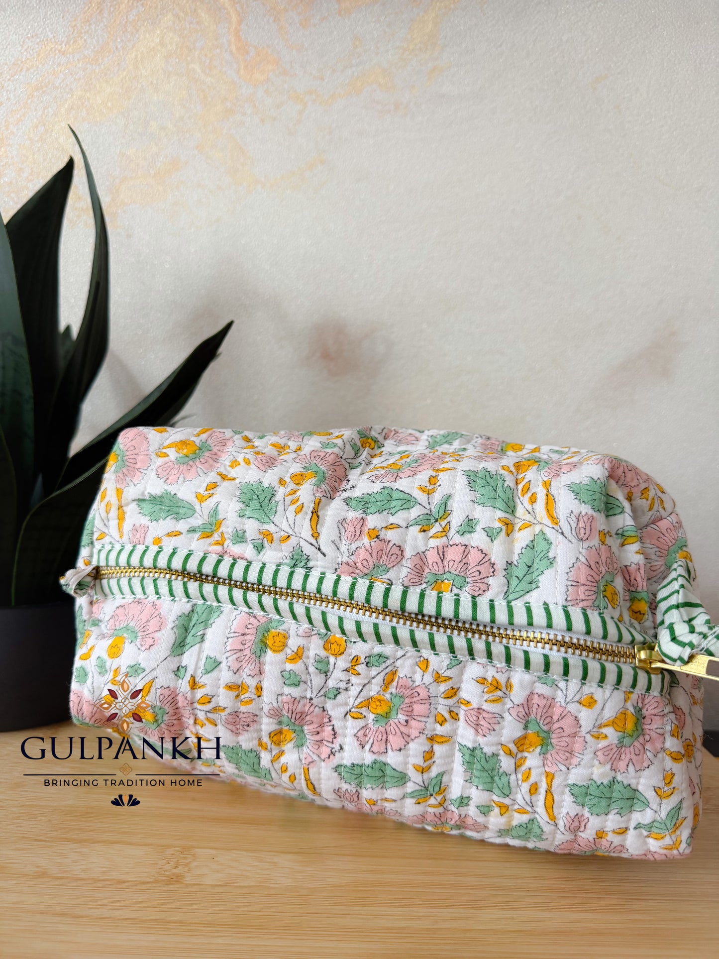 Hand Block Printed Quilted Vanity Bag – Blush Meadow Bloom | Gulpankh Canada