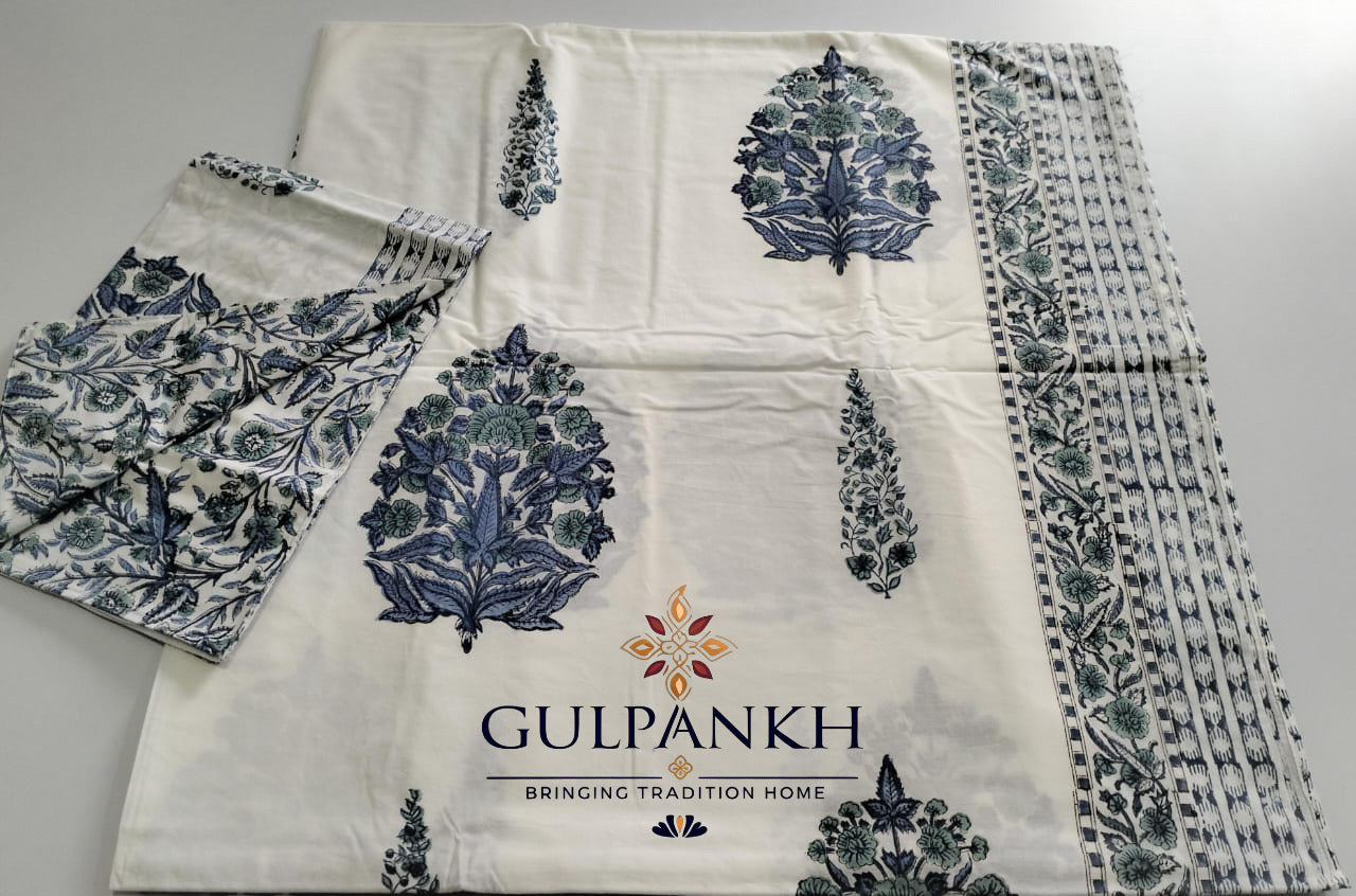 Hand Block Printed King Fitted Bedsheet - Indigo Rajbari Bloom | Gulpankh Canada