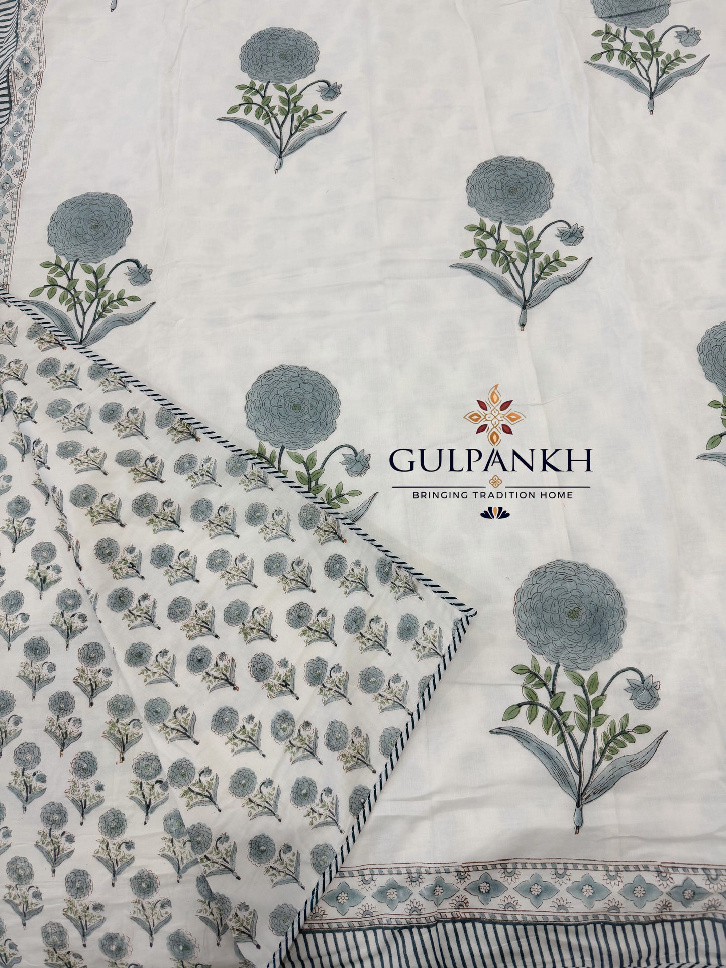 Hand Block Printed Mulmul Cotton Dohar - Misty Blue Botanica | Gulpankh Canada