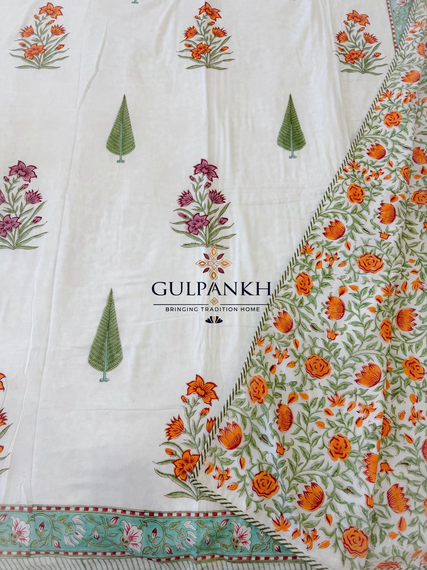 Hand Block Printed Mulmul Cotton Dohar - Marigold Meadow Grove | Gulpankh Canada