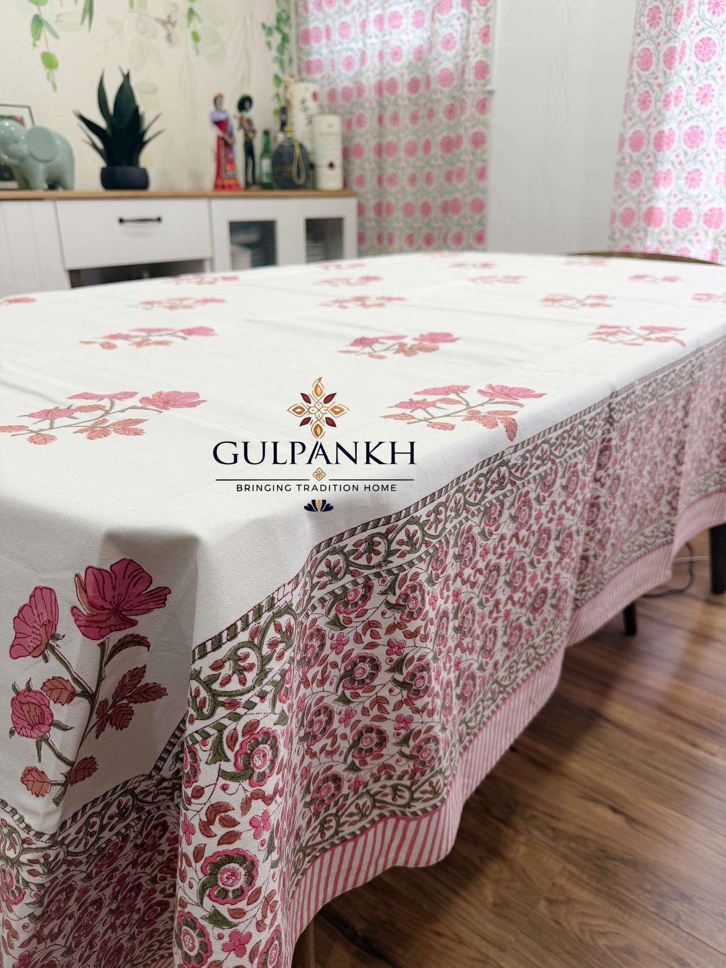 Hand Block Printed Cotton Table Cover - Rosé Garden Bloom | Gulpankh Canada