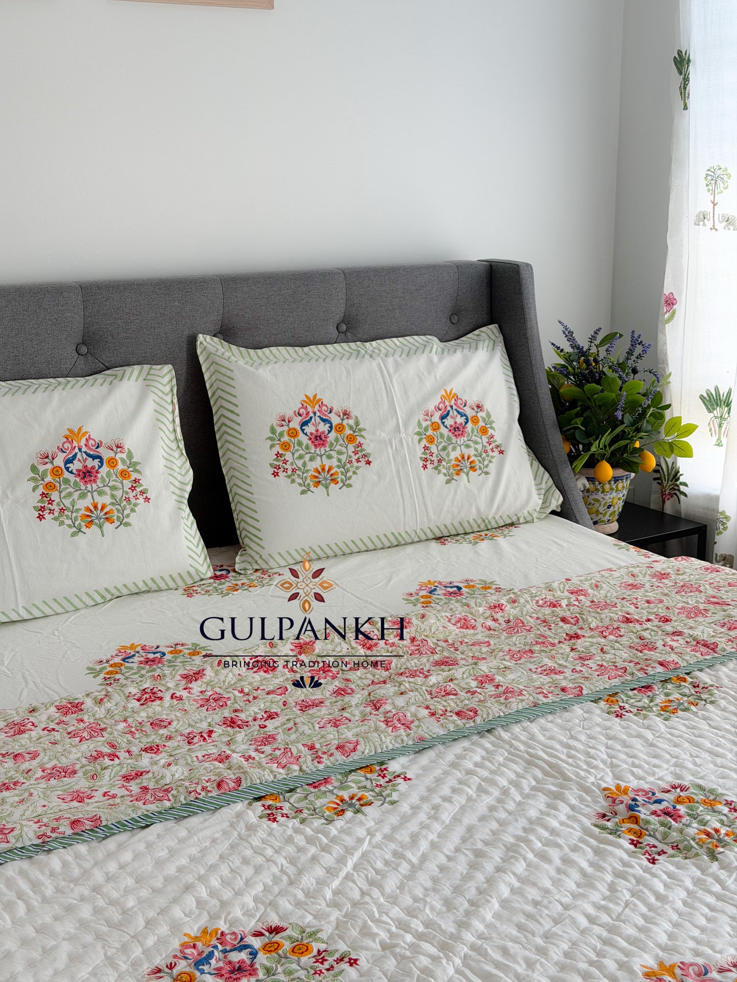 Hand Block Printed Cotton Bedding Set with Quilt - Gulbahar Blossom | Gulpankh Canada