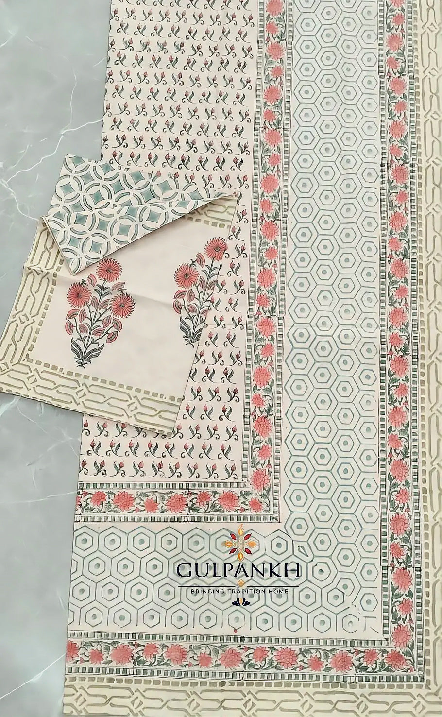 Hand Block Printed King Fitted Bedsheet - Gulabi Jaal | Gulpankh Canada