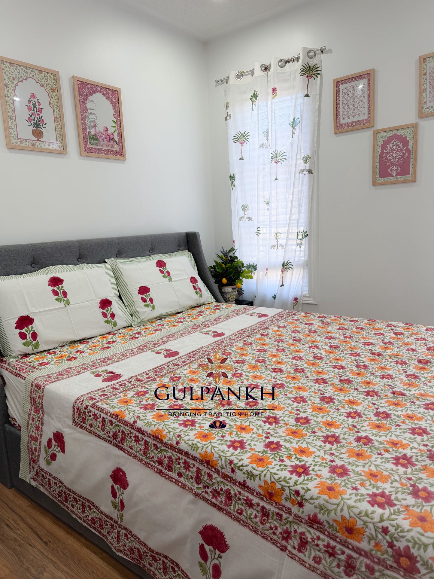 Hand Block Printed Cotton King Fitted Bedsheet with Matching Dohar -Gulbahar Garden | Gulpankh Canada