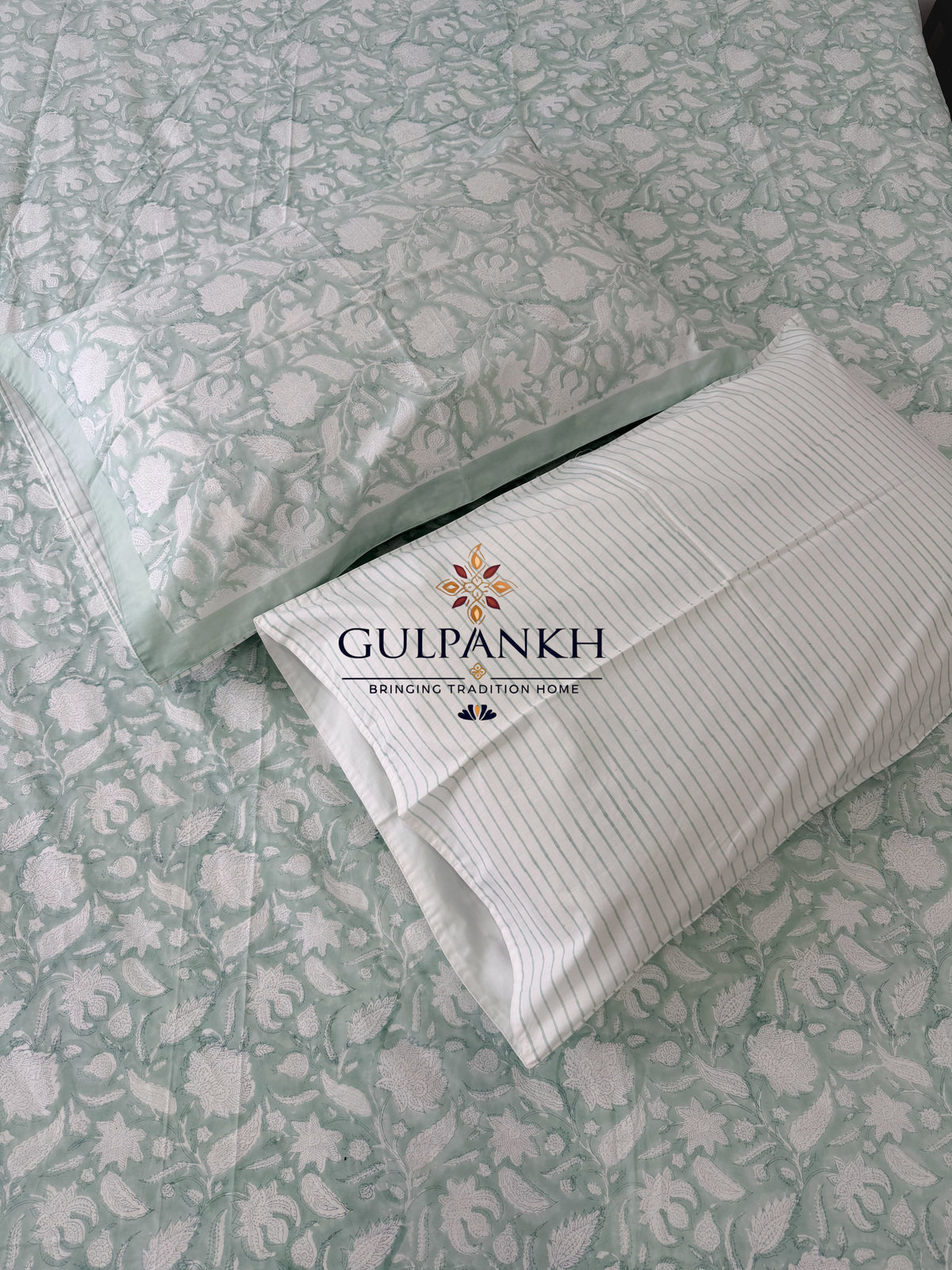Hand Block Printed King Fitted Bedsheet - Mint Courtyard | Gulpankh Canada
