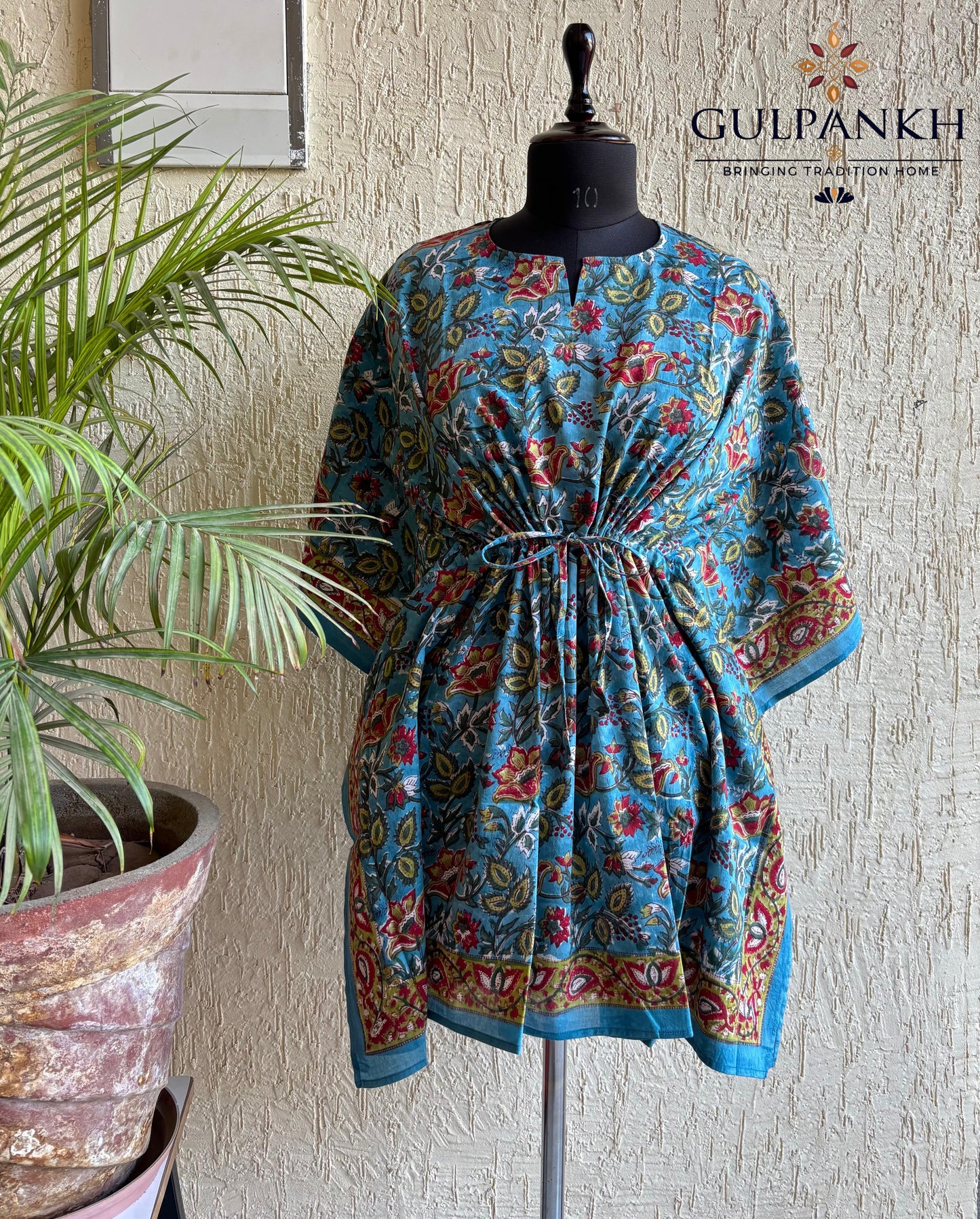 Hand Block Printed Cotton Short Kaftan – Turquoise Wildflower Bloom | Gulpankh Canada