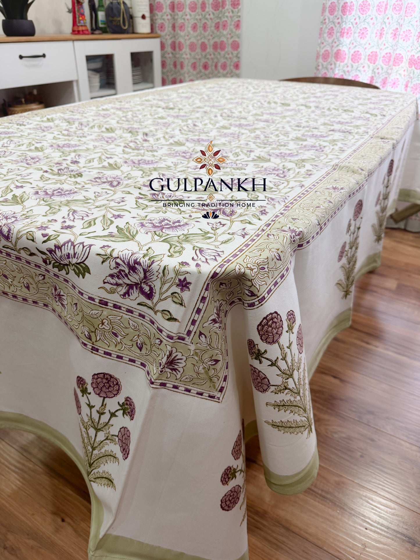 Hand Block Printed Cotton Table Cover - Lavender Meadow Bloom | Gulpankh Canada