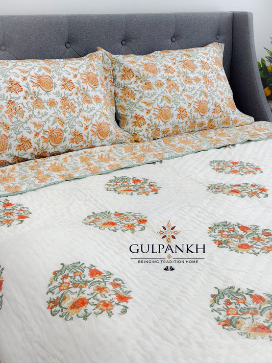 Hand Block Printed Cotton Quilt - Kesariya Blossom Vine | Gulpankh Canada