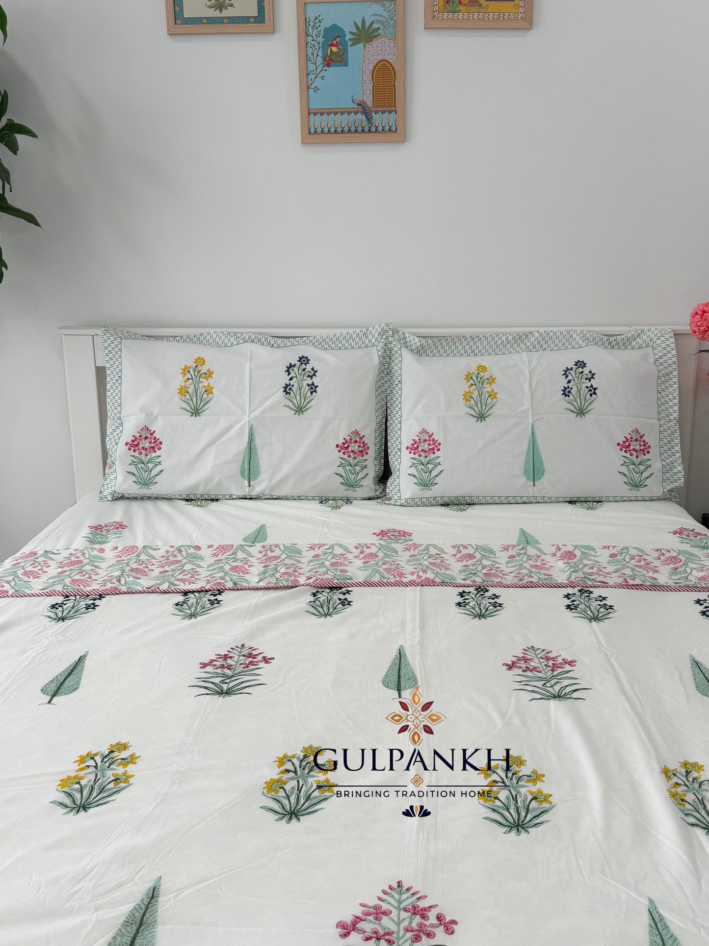 Hand Block Printed Cotton King Fitted Bedsheet with Matching Dohar - Blush Garden | Gulpankh Canada