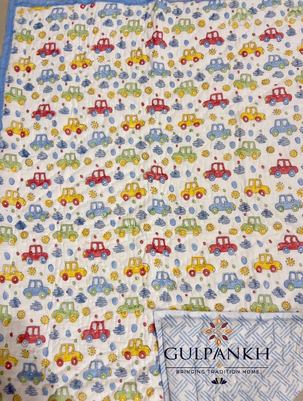 Little Car Parade Kids Cotton Quilt – Hand Block Printed Kids Bedding | Gulpankh Canada