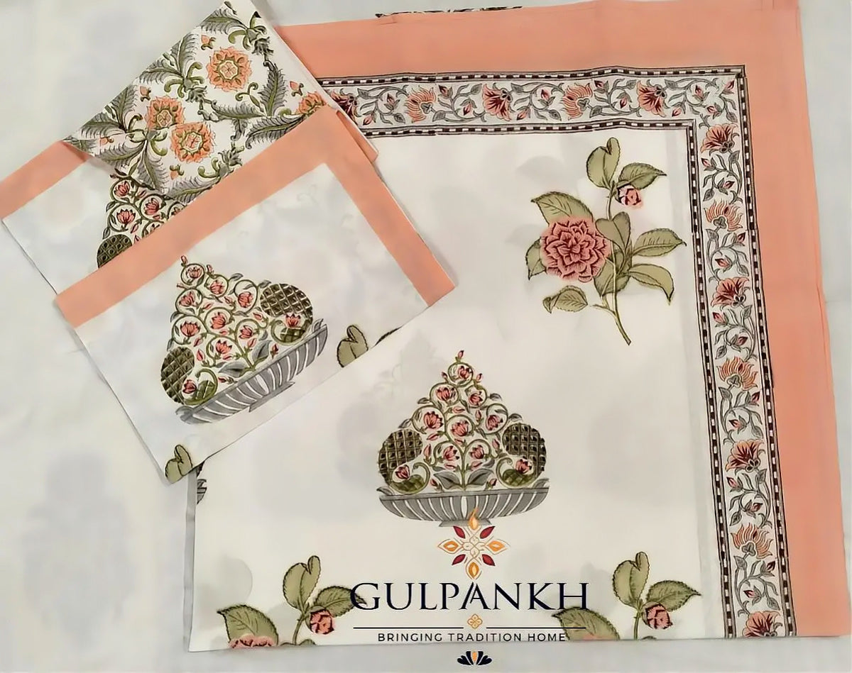Hand Block Printed King Fitted Bedsheet - Gulnaar Peach Garden | Gulpankh Canada