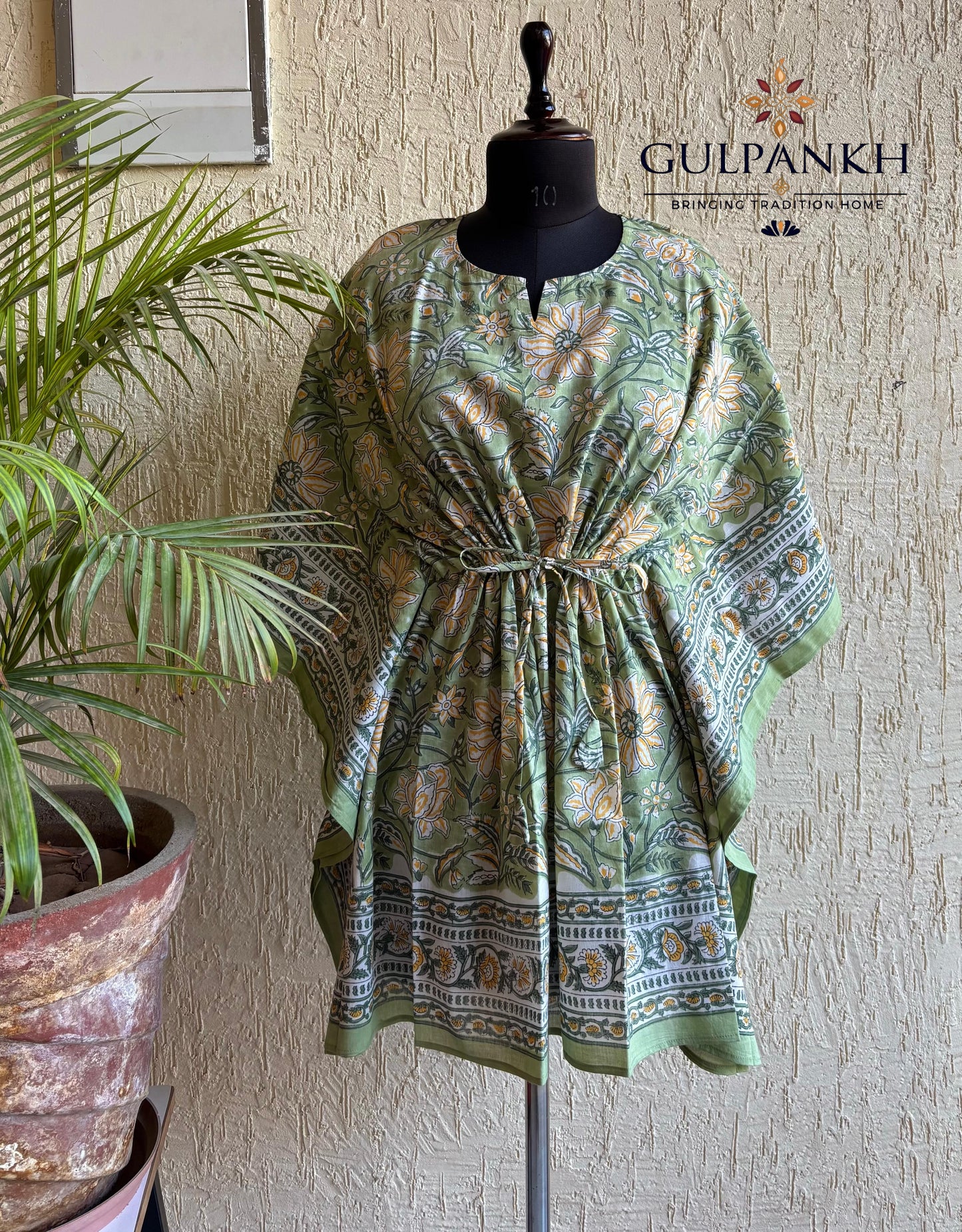 Hand Block Printed Cotton Short Kaftan – Sage Meadow Bloom | Gulpankh Canada