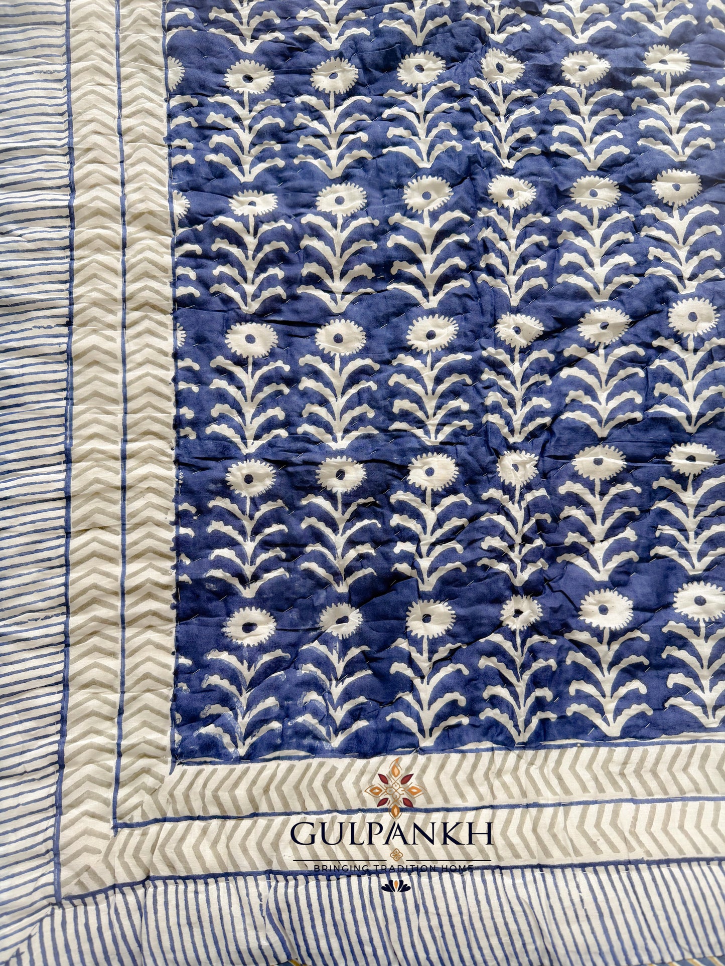 Hand Block Printed Cotton Quilt - Indigo Gulnaar | Gulpankh Canada