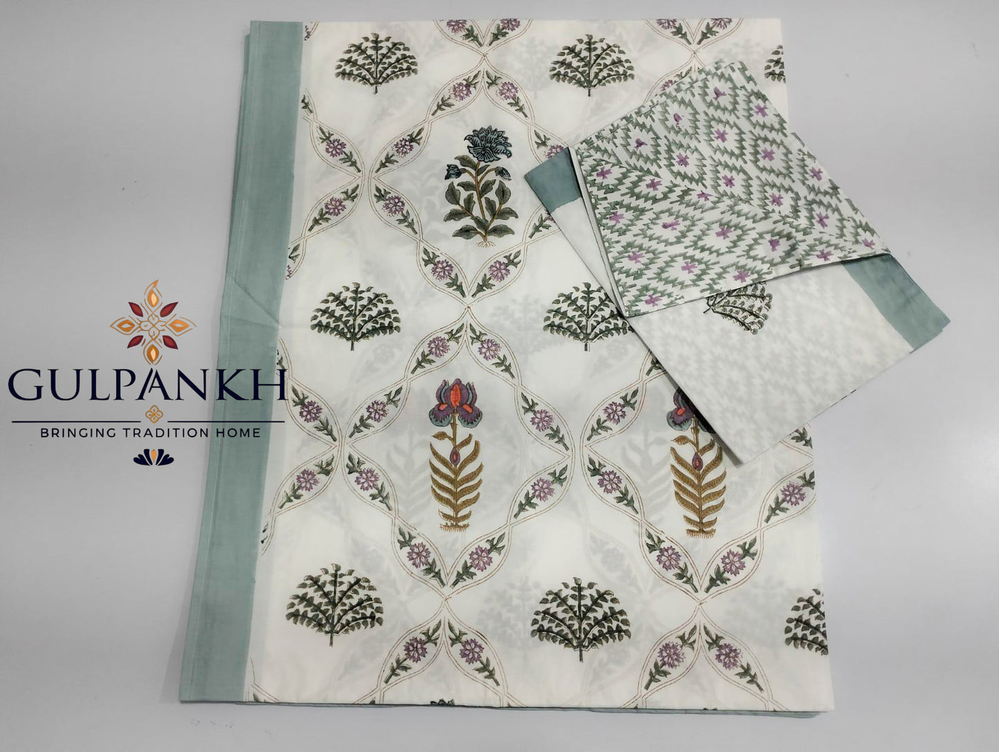 Hand Block Printed Fitted Bedsheet - Ivory Sage Gulzar | Gulpankh Canada