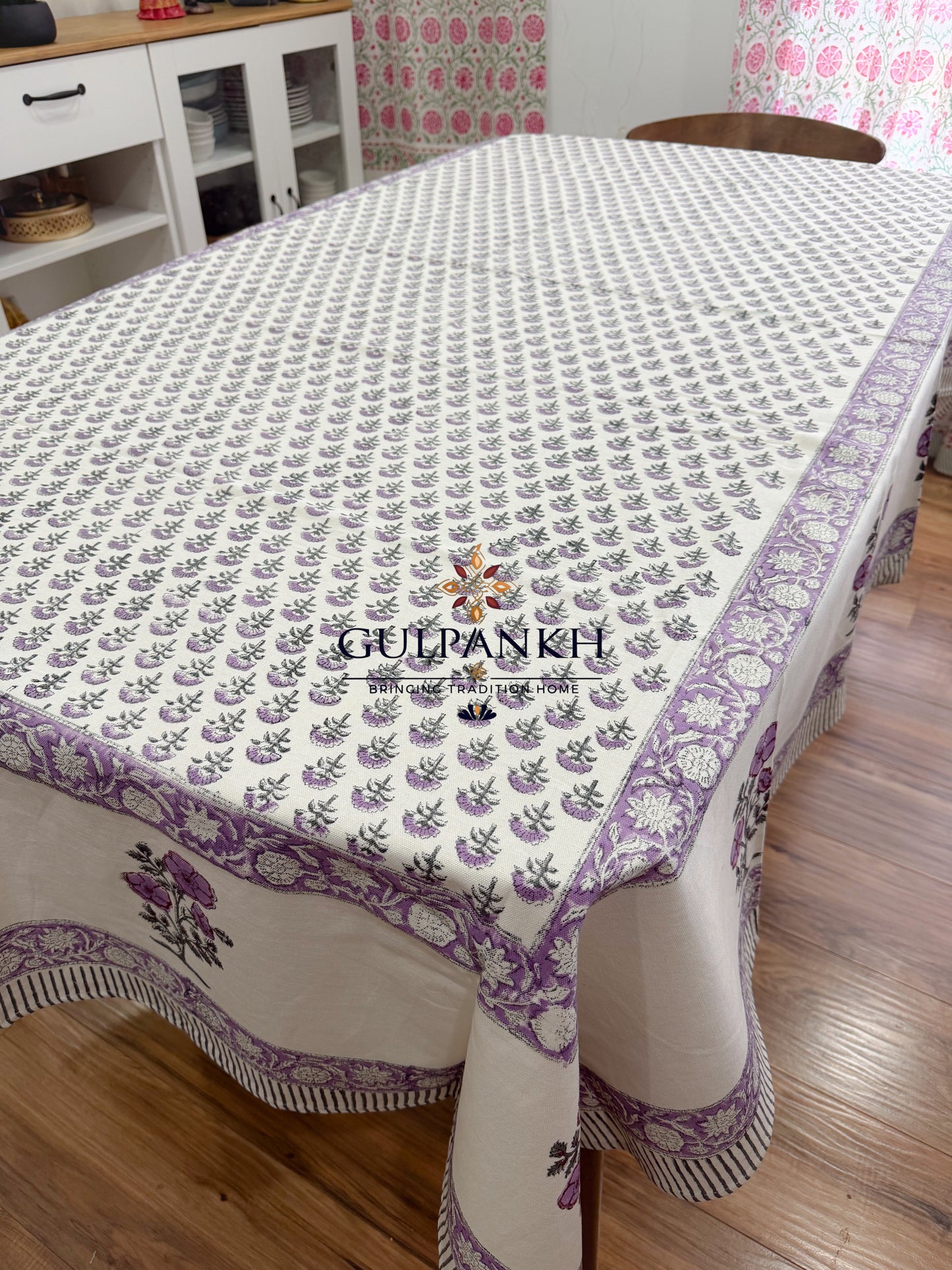 Hand Block Printed Cotton Table Cover - Lavender Meadow Bloom | Gulpankh Canada