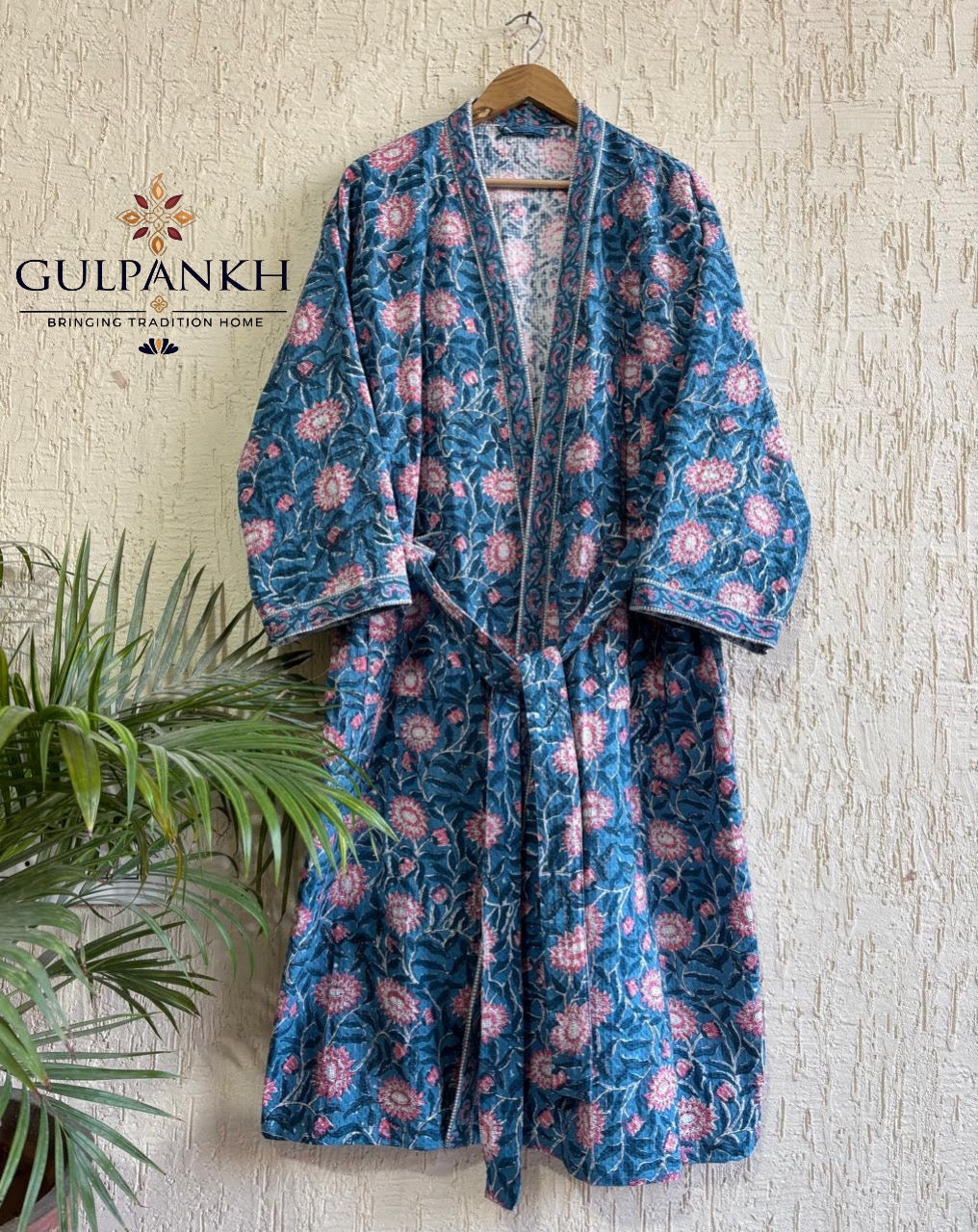 Indigo Blossom Hand Block Printed Waffle Cotton Bathrobe – Cotton Spa Robe | Gulpankh Canada