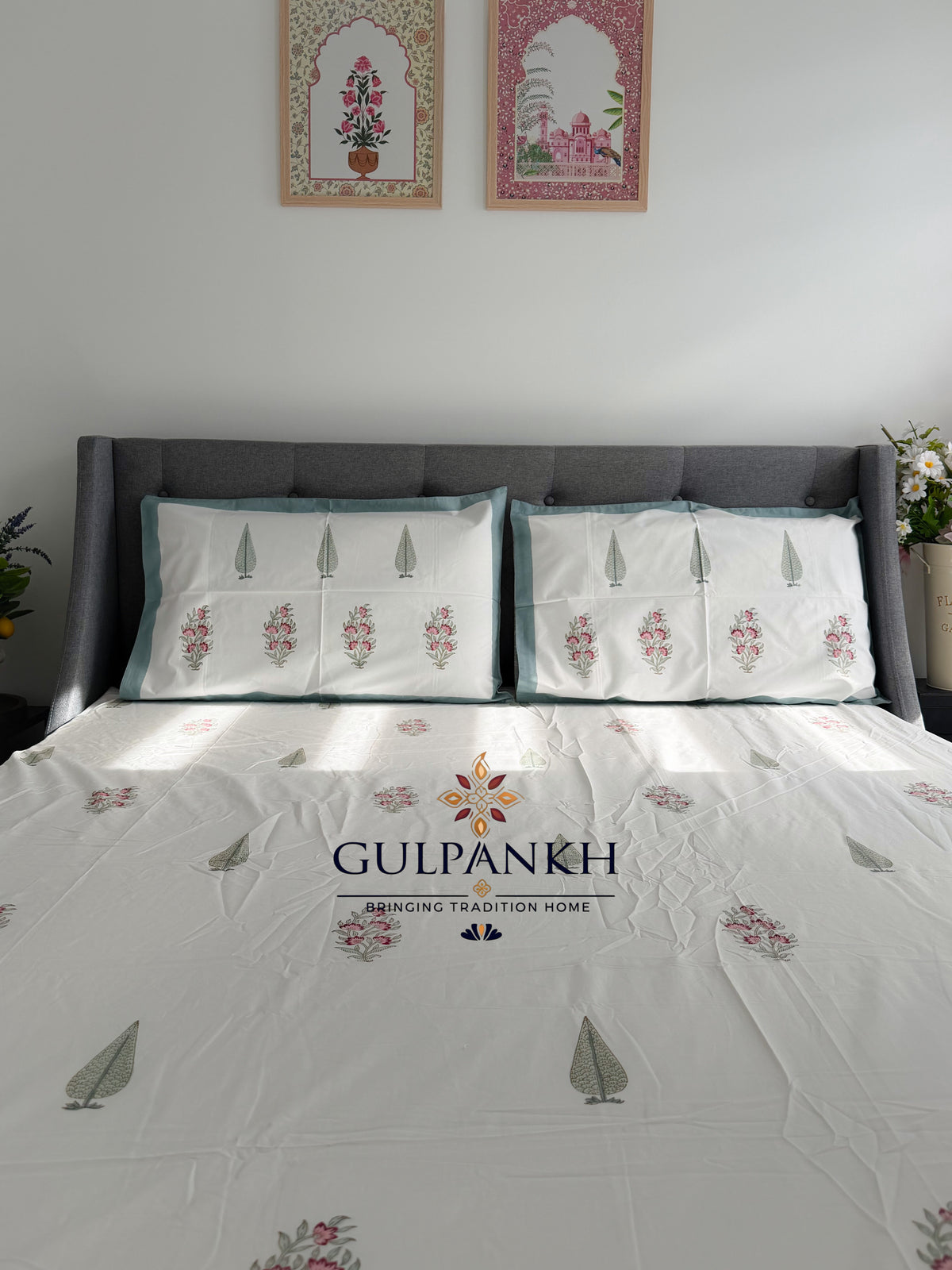 Hand Block Printed 100% Cotton King Fitted Bedsheet – Blush Cypress Garden | Gulpankh Canada