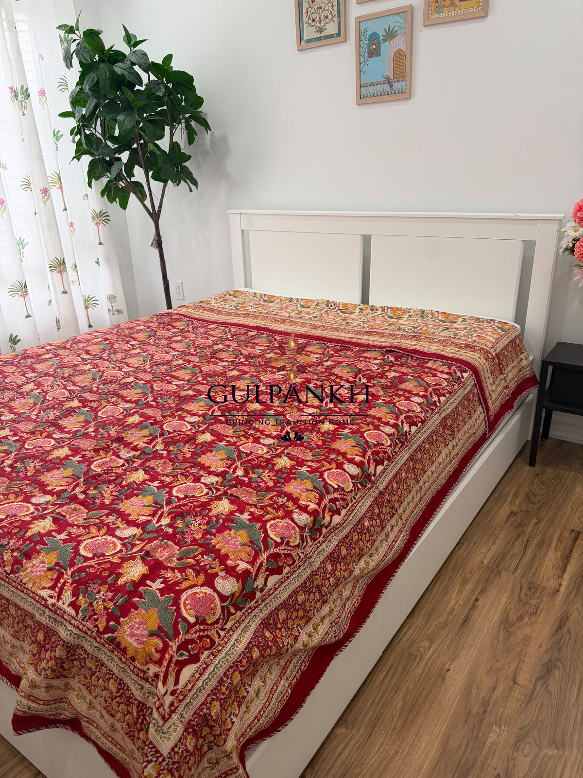 Hand Block Printed Mulmul Cotton Dohar - Ruby Gulistan | Gulpankh Canada