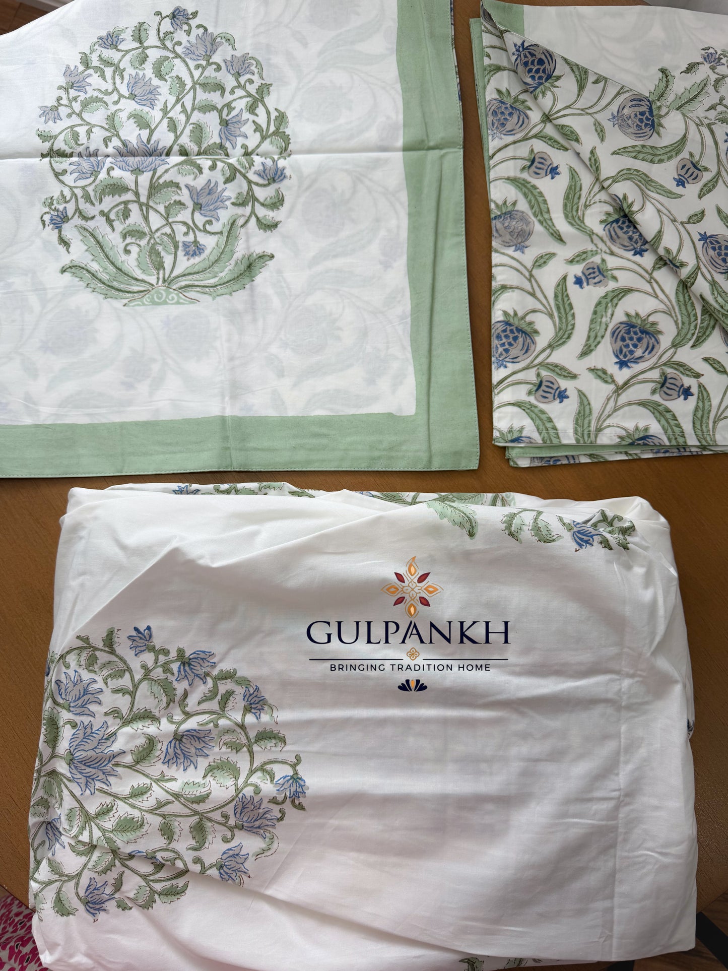 Hand Block Printed King Fitted Bedsheet - Viraasat Bloom Sage | Gulpankh Canada