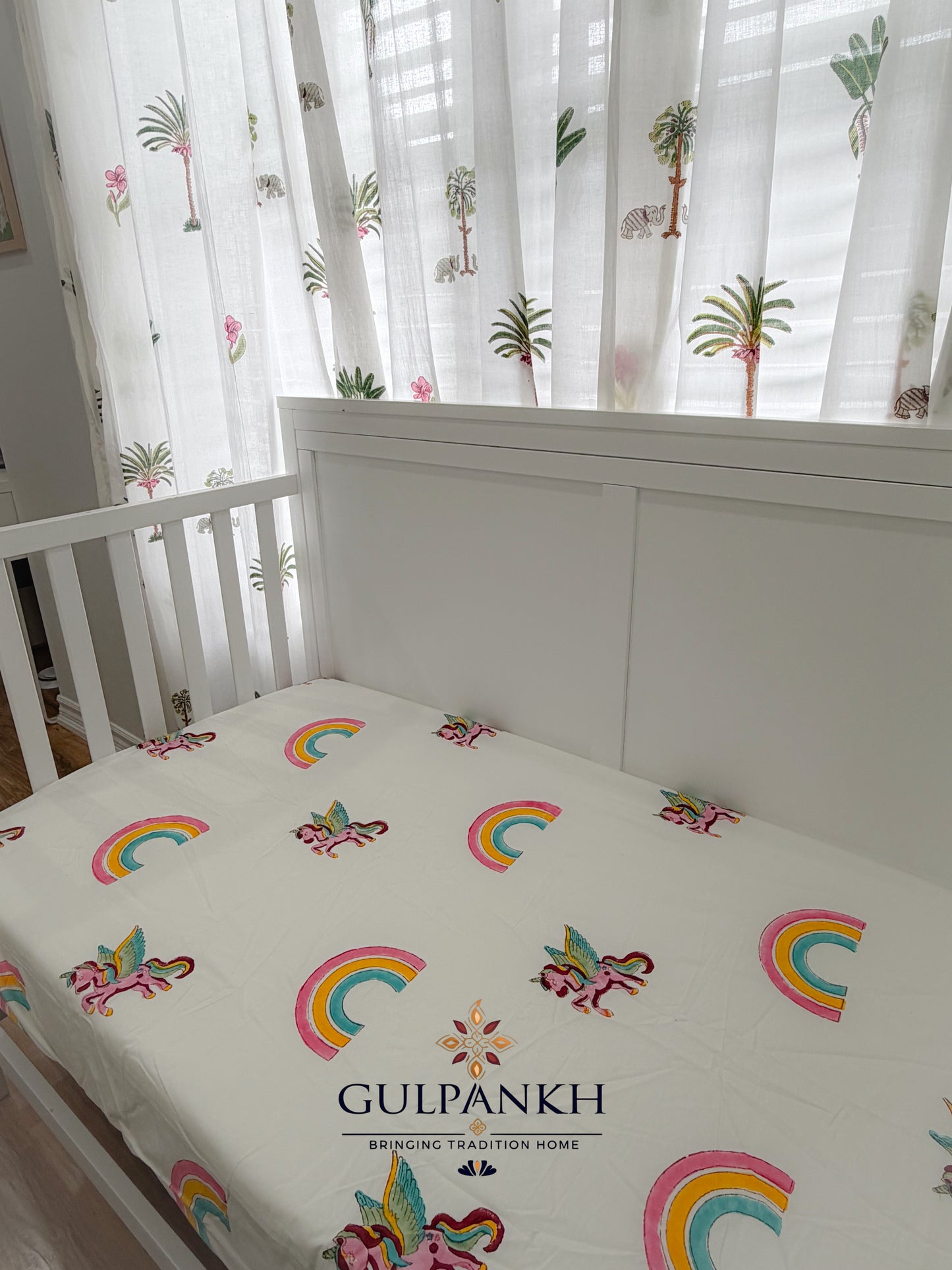 Hand Block Printed Crib Sheet Fitted - Unicorn Skies | Gulpankh Canada