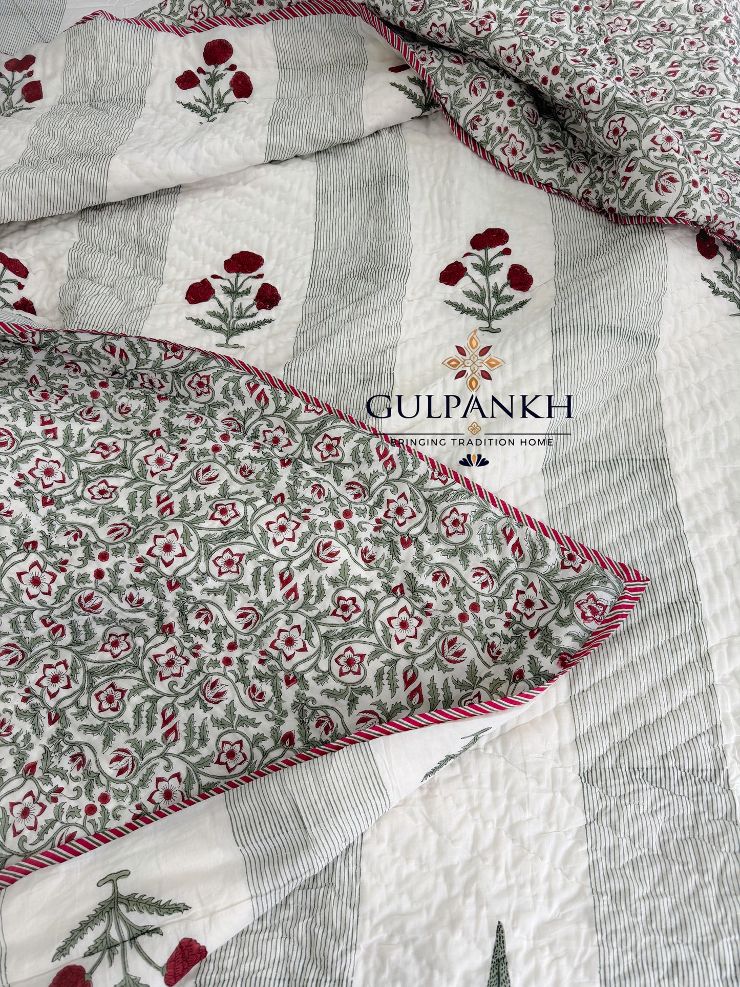 Hand Block Printed Cotton Bedding Set with Quilt - Gulnaar Cypress | Gulpankh Canada