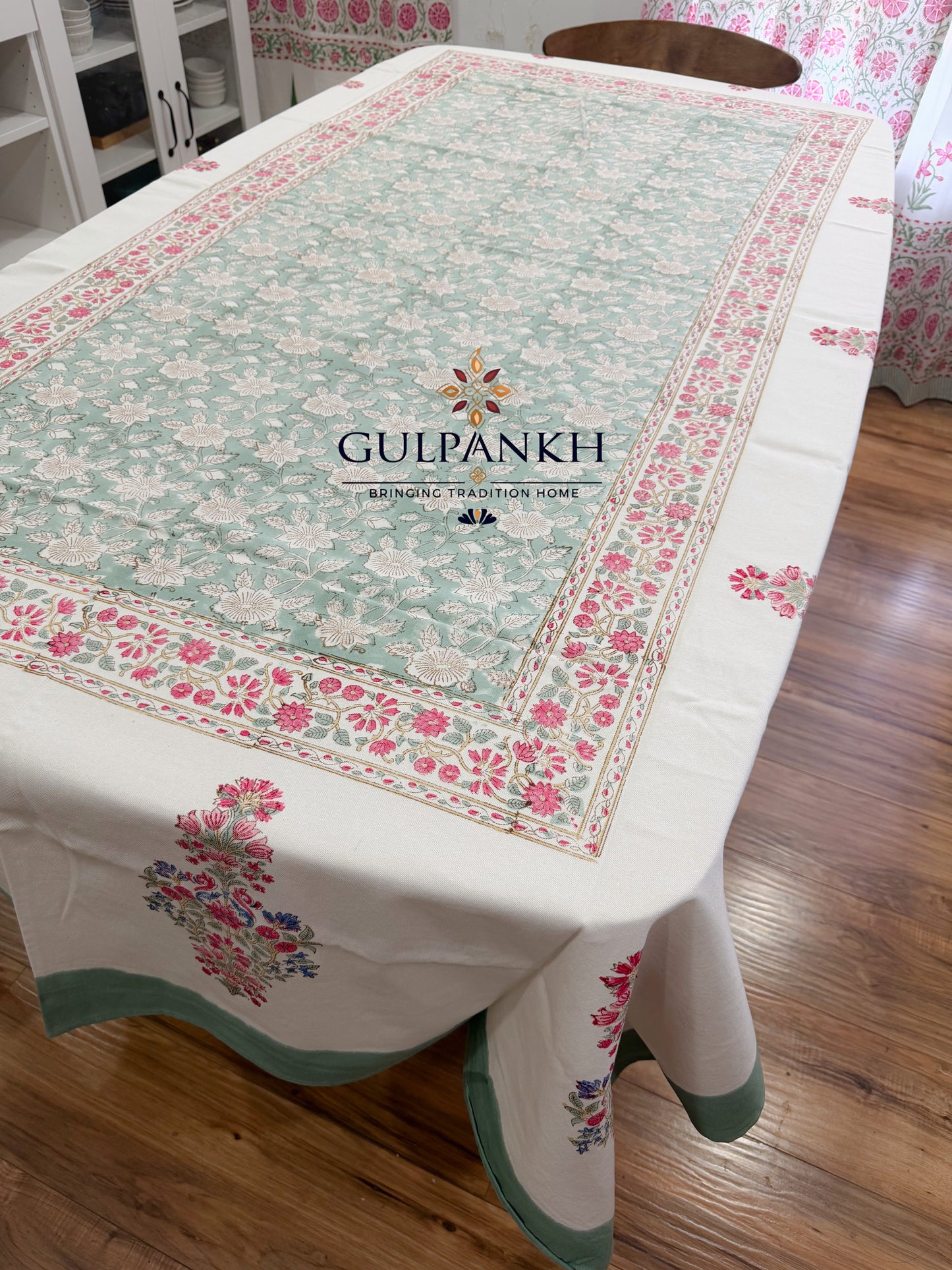 Hand Block Printed Cotton Table Cover - Sage Blossom Meadow | Gulpankh Canada