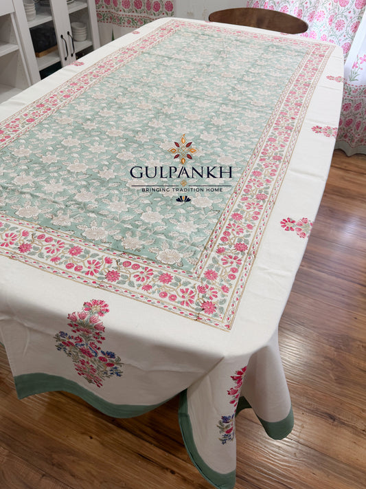 Hand Block Printed Cotton Table Cover - Sage Blossom Meadow | Gulpankh Canada