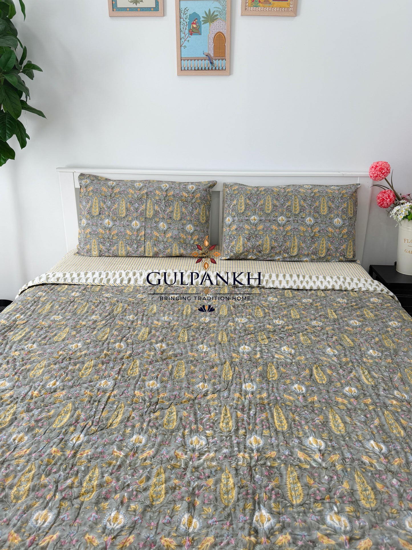 Hand Block Printed Cotton Bedding Set with Quilt - Vintage Olive Botanica | Gulpankh Canada