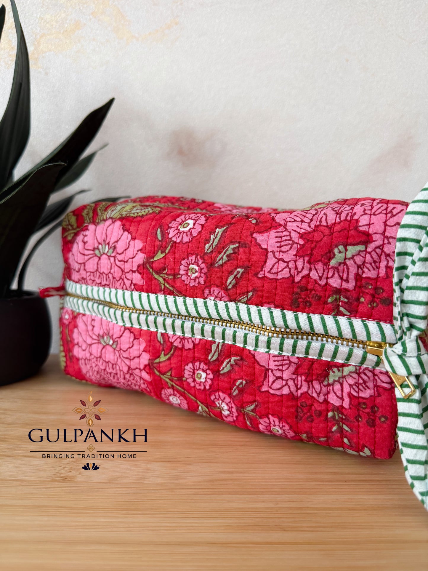Hand Block Printed Quilted Vanity Bag – Ruby Blossom Garden | Gulpankh Canada