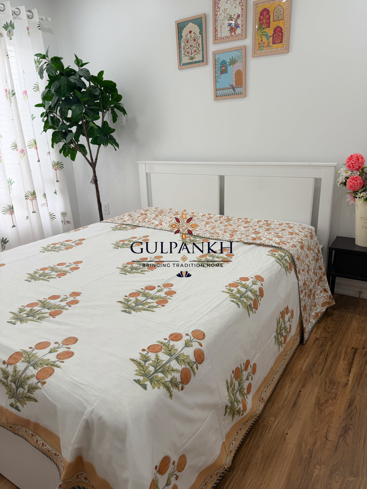 Hand Block Printed Mulmul Cotton Dohar - Golden Marigold Grove | Gulpankh Canada