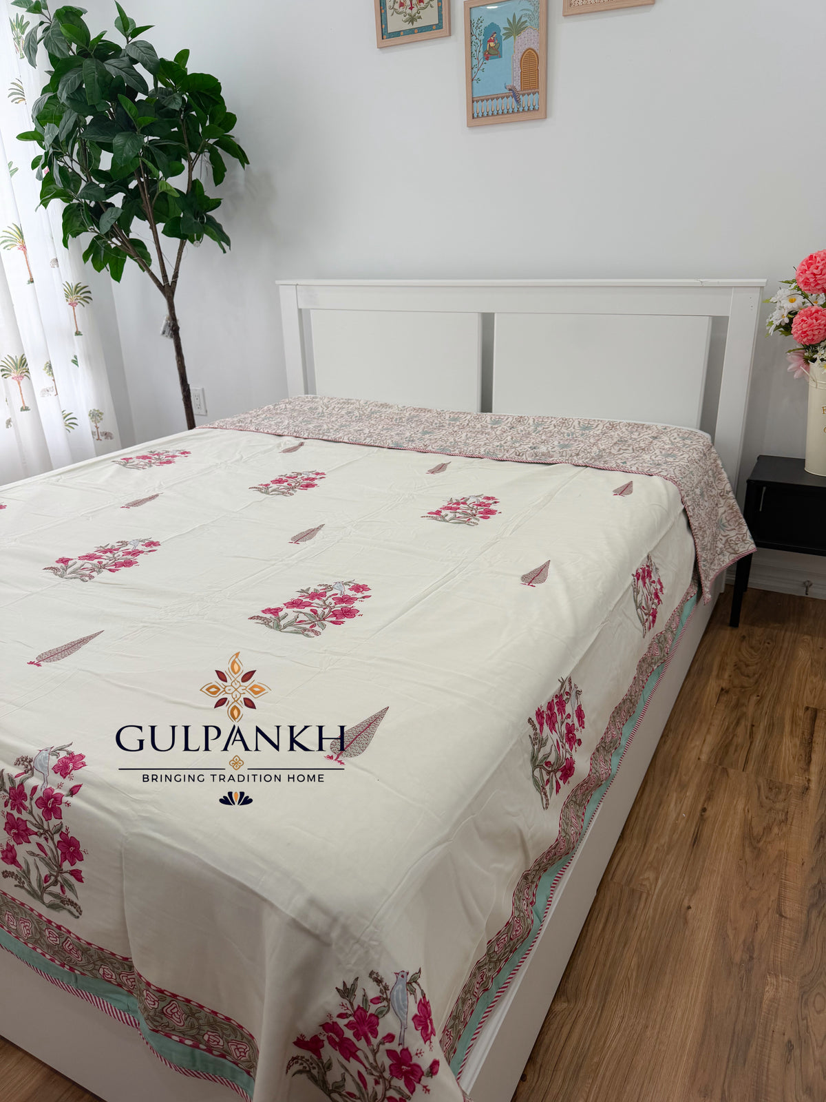 Hand Block Printed Mulmul Cotton Dohar - Rose Meadow Whisper | Gulpankh Canada