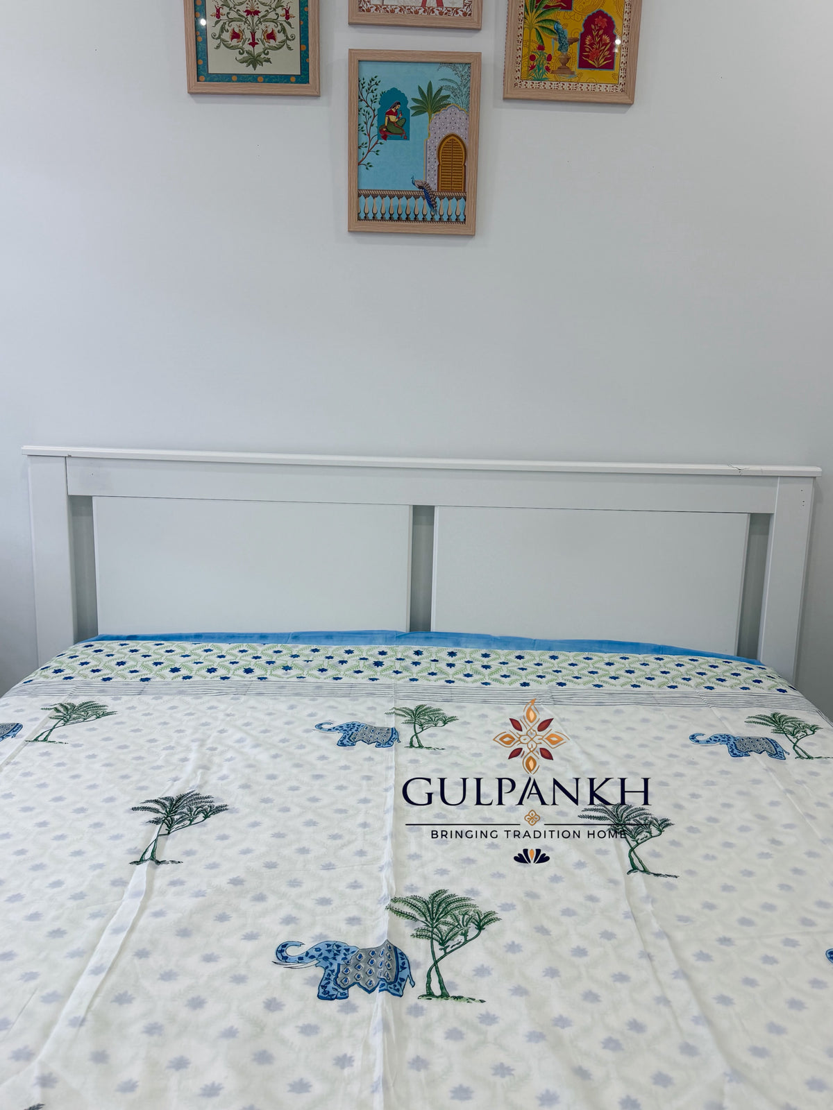 Hand Block Printed 100% Mulmul Cotton King Duvet Cover – Indigo Elephant Grove | Gulpankh Canada