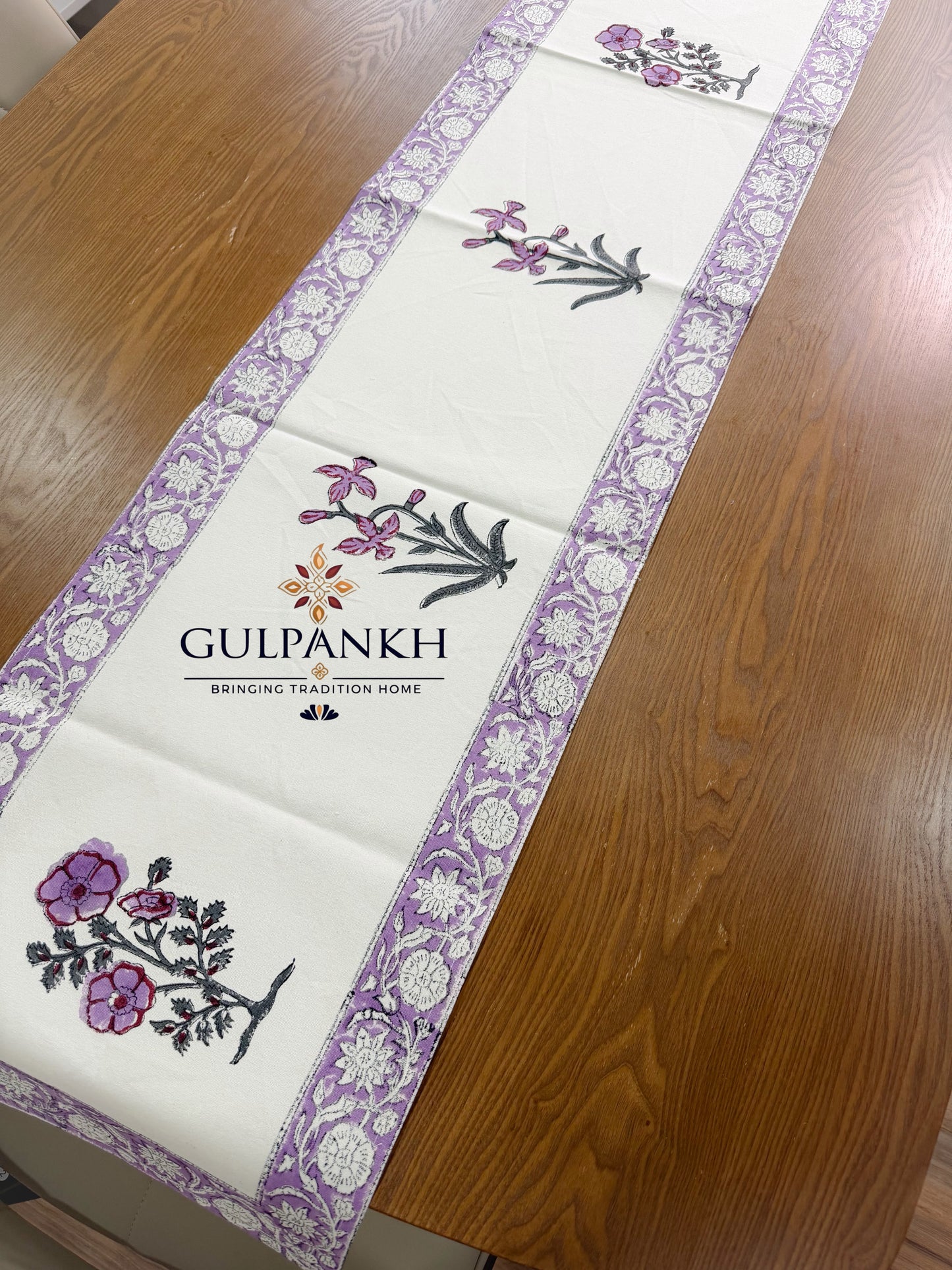 Hand Block Printed Cotton Table Runner – Lavender Noor | Gulpankh Canada