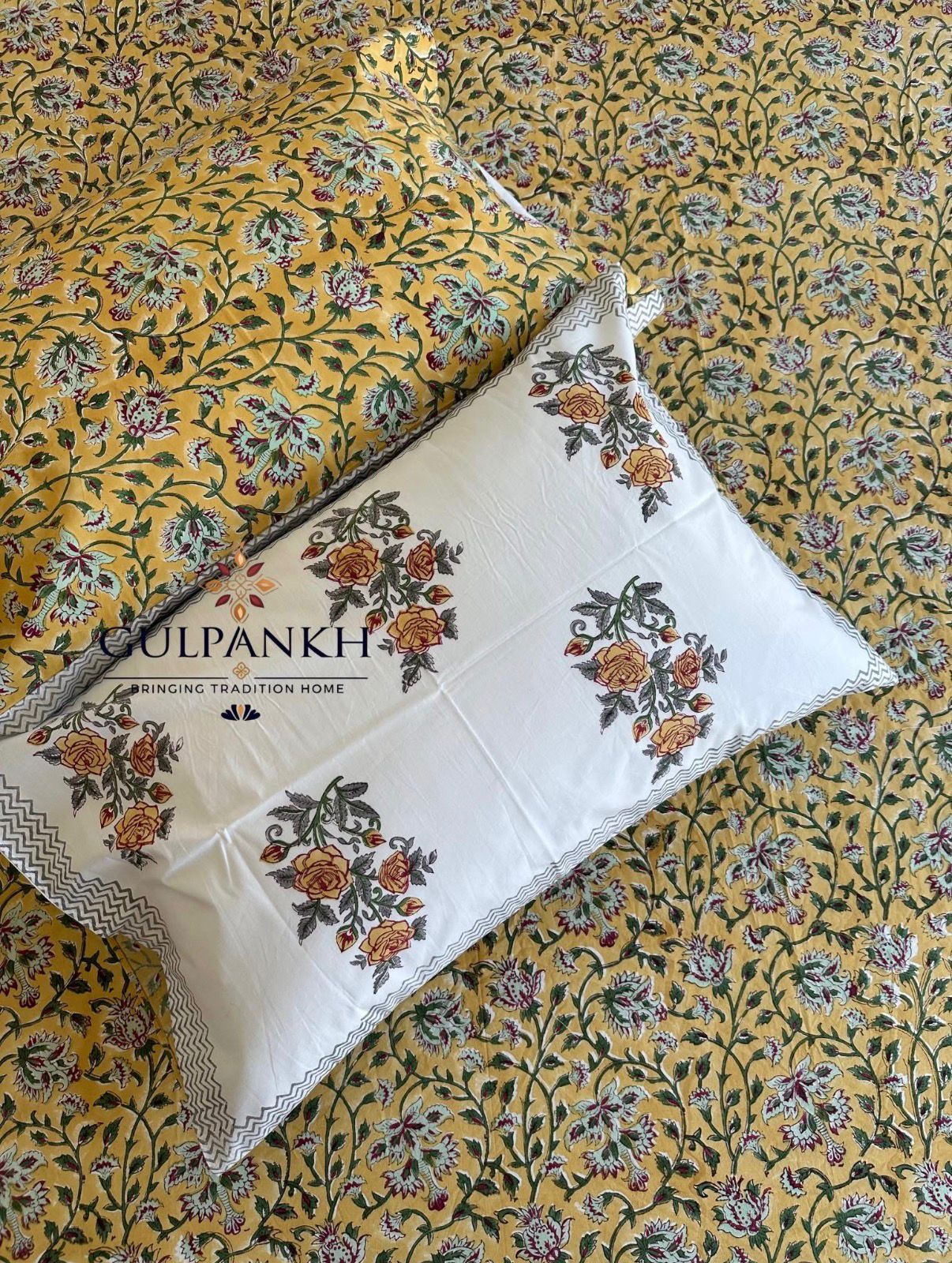 Mustard Garden Hand Block Printed Fitted Bedsheet | Gulpankh Canada