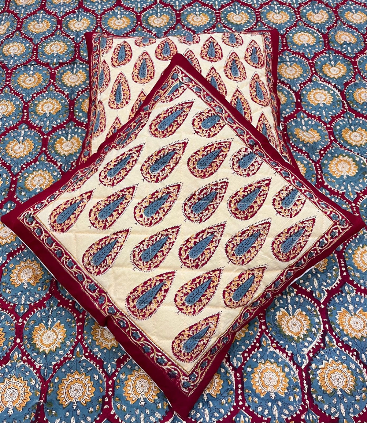 Quilted Hand Block Printed Cushion Cover – Maroon Paisley | Gulpankh Canada