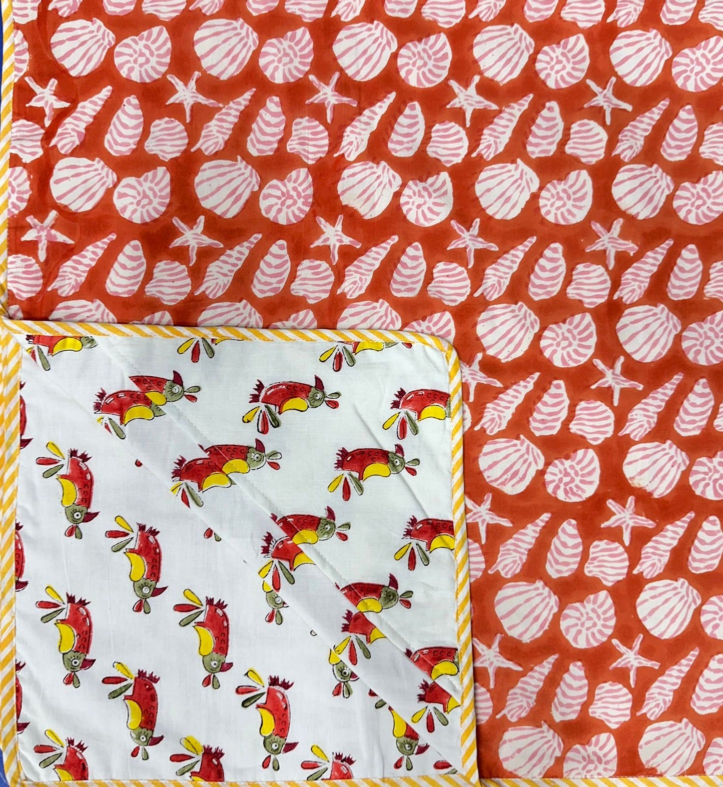Hand Block Printed Hooded Baby Swaddle Blanket – Coral Seashell Birdie | Gulpankh Canada