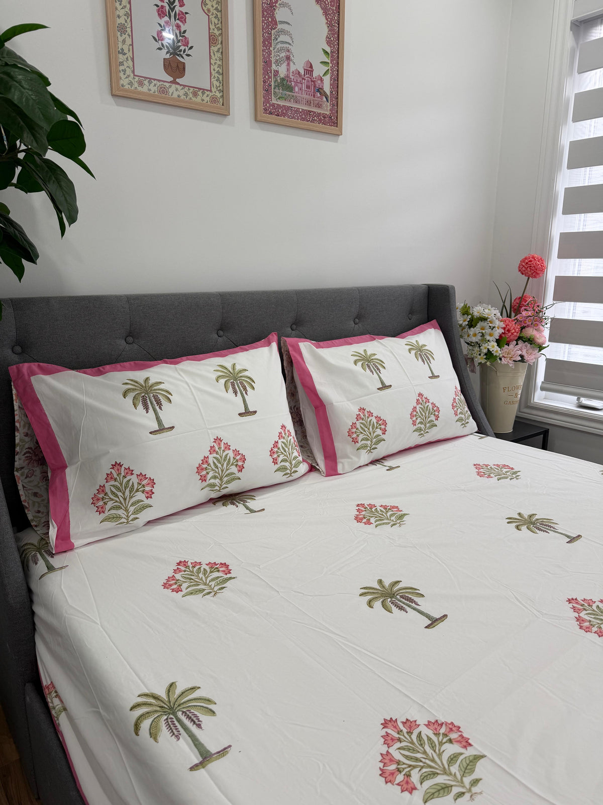 Hand Block Printed 100% Cotton Queen Fitted Bedsheet – Palm Blossom Retreat | Gulpankh Canada