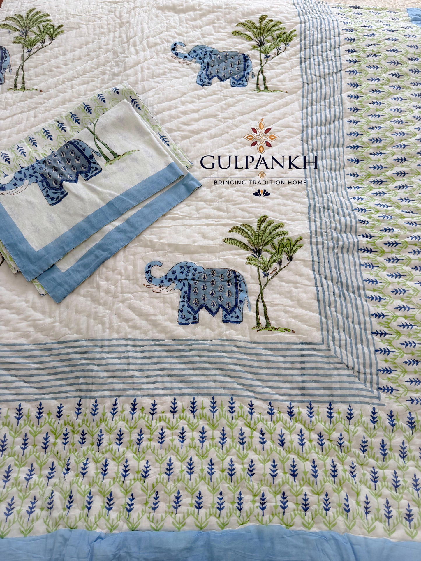 Hand Block Printed Cotton Quilt - Blue Elephant Parade | Gulpankh Canada