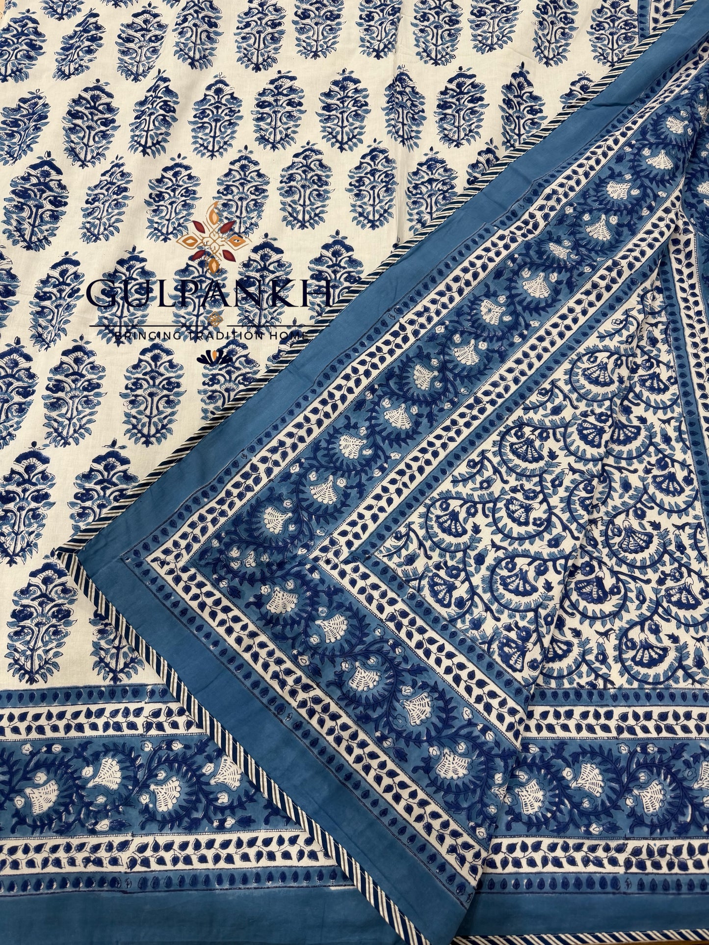 Hand Block Printed Mulmul Cotton Dohar - Neel Buti Heritage | Gulpankh Canada