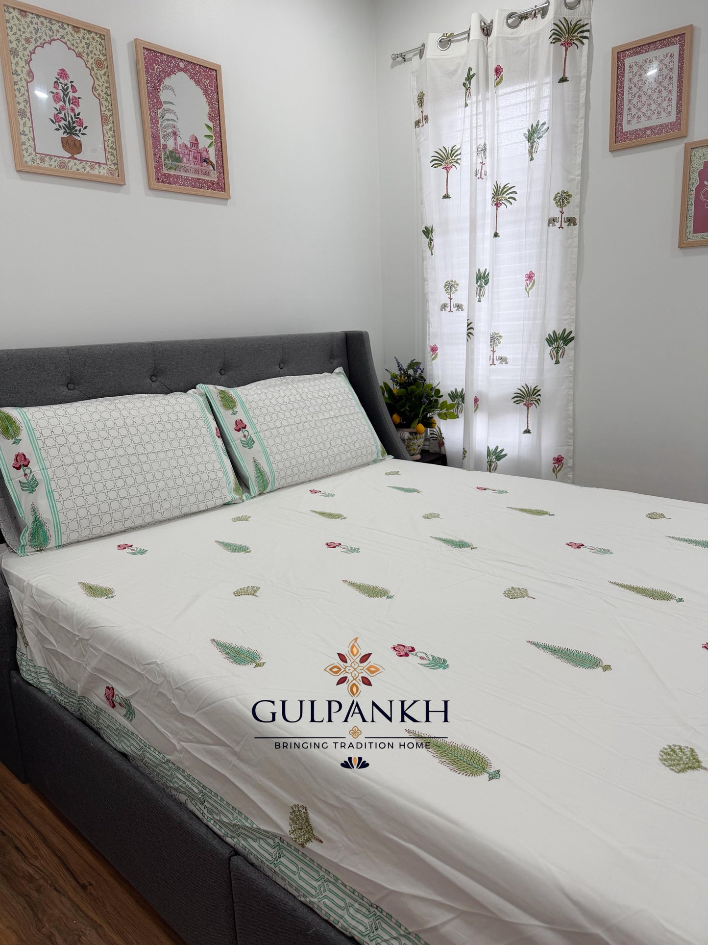 Mint Meadow Hand Block Printed Fitted Bedsheet | Gulpankh Canada