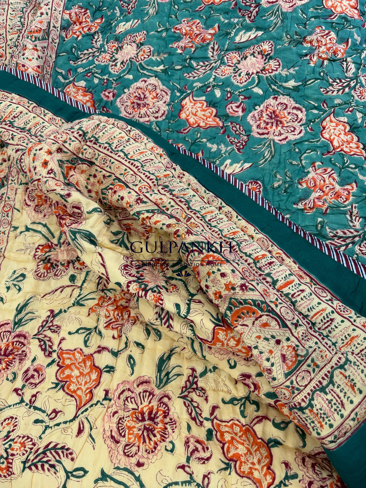 Hand Block Printed Reversible Cotton Quilt - Teal Blossom Garden | Gulpankh Canada