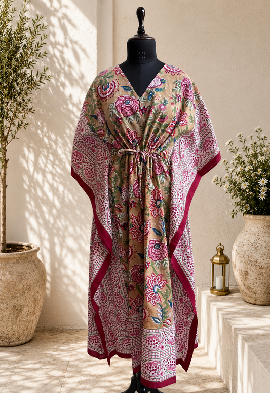 Hand Block Printed Cotton Kaftan – Beige Gulab Gulzar | Gulpankh Canada