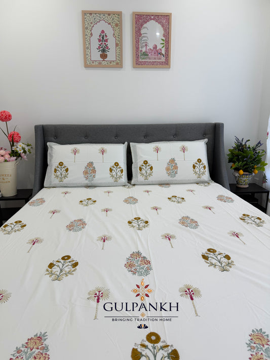 Hand Block Printed Queen Fitted Bedsheet - Palm Gul Jardin | Gulpankh Canada