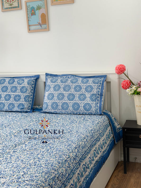 Hand Block Printed Cotton Quilt - Neel Medallion Heritage | Gulpankh Canada