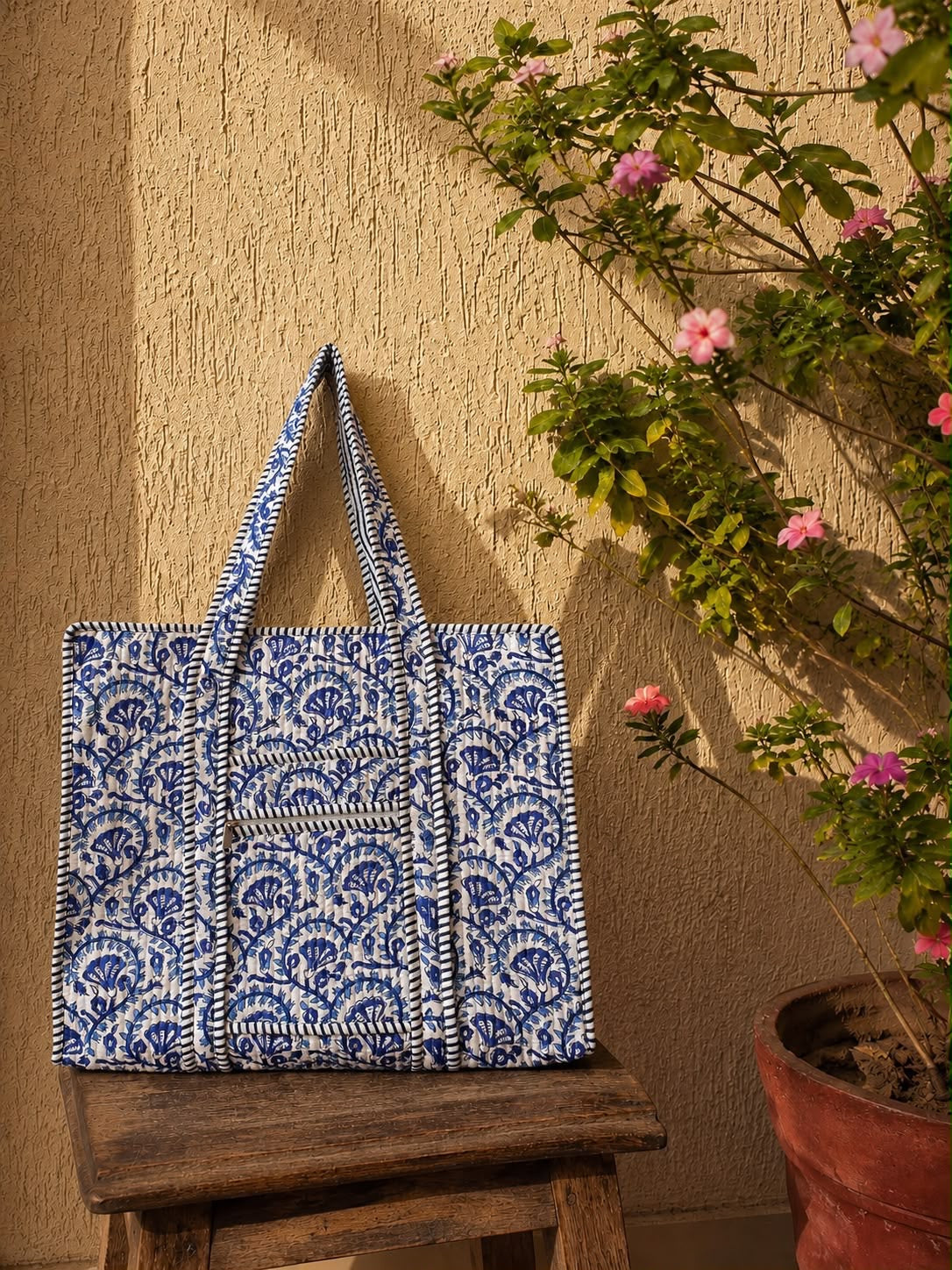 Hand Block Printed Quilted Tote Bag – Indigo Vine | Gulpankh Canada